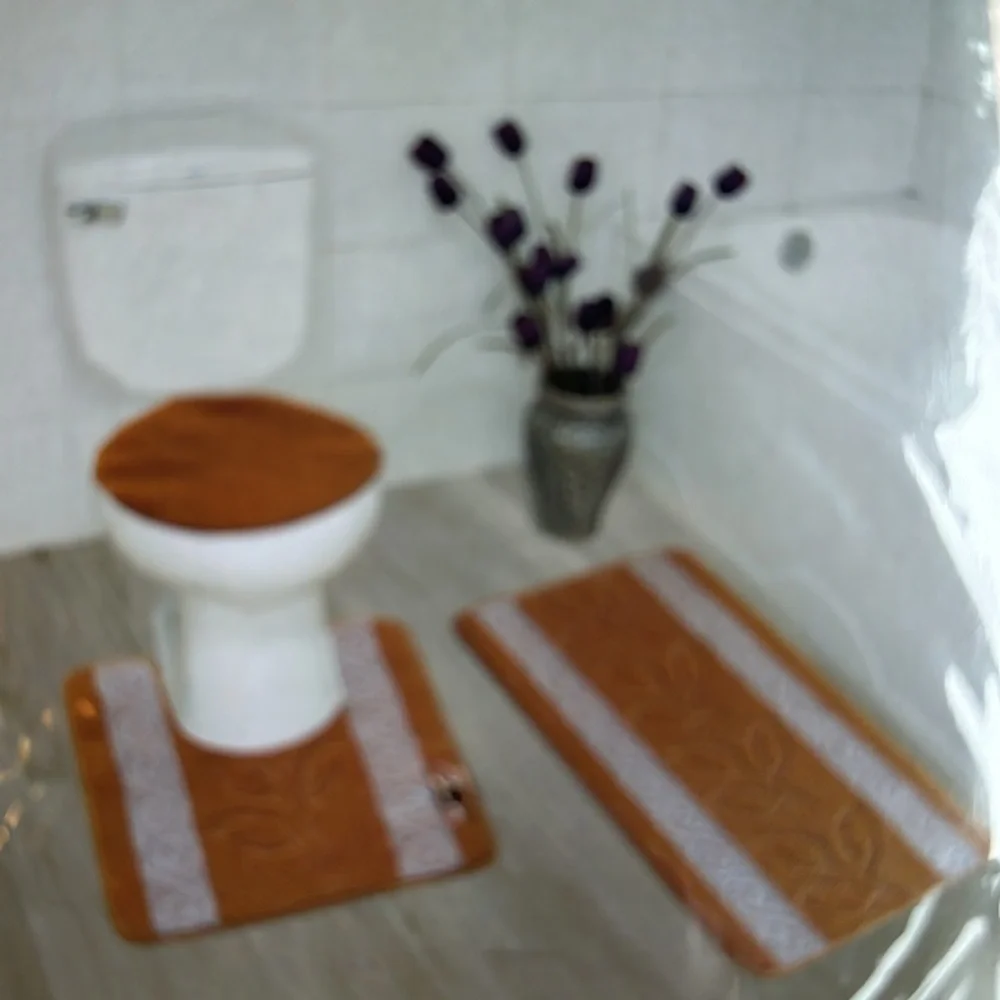 Purple 3pc Bathmat Set Non-Slip Absorbent mat and contour rugs, Toilet Lid Cover